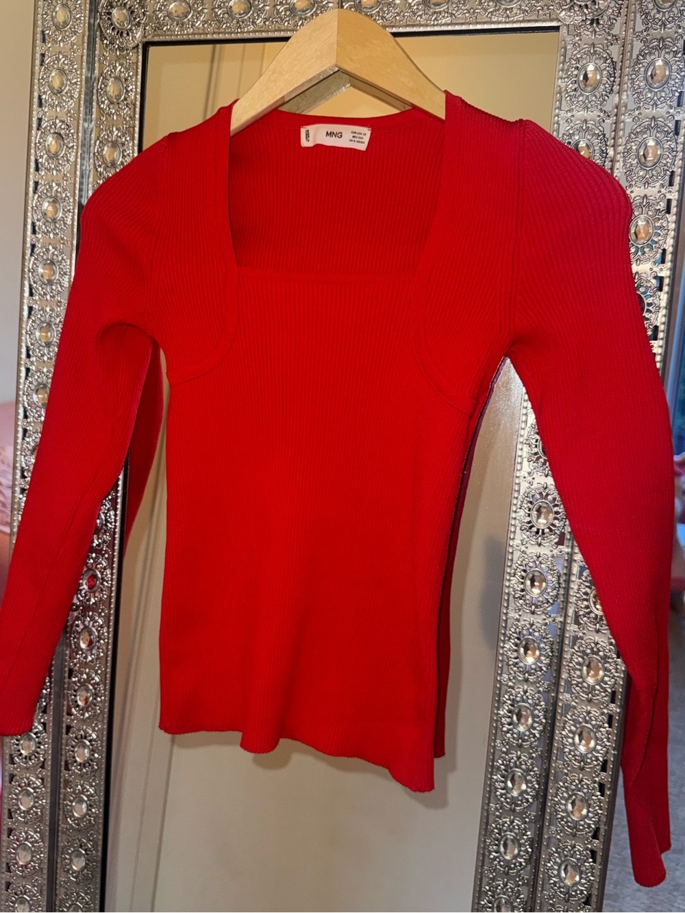 Mango Bright Red Ribbed Square-Neck Knit Top - Picture 2 of 5